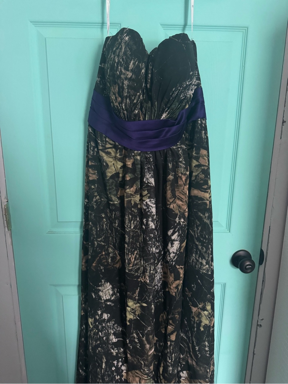 Strapless Green Camo Evening Dress with Purple Sash